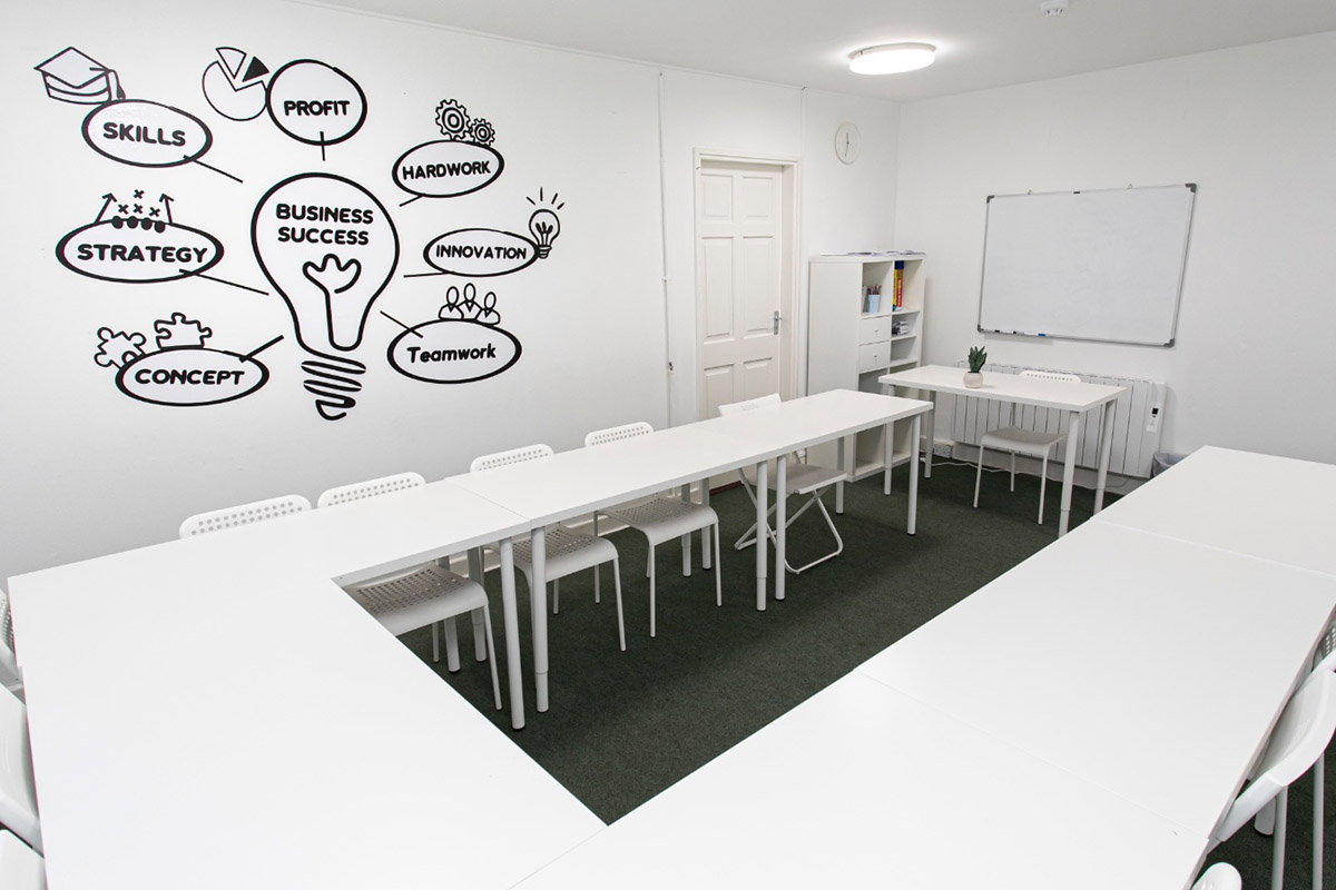 English classroom with teamwork and innovation mural in Mullingar