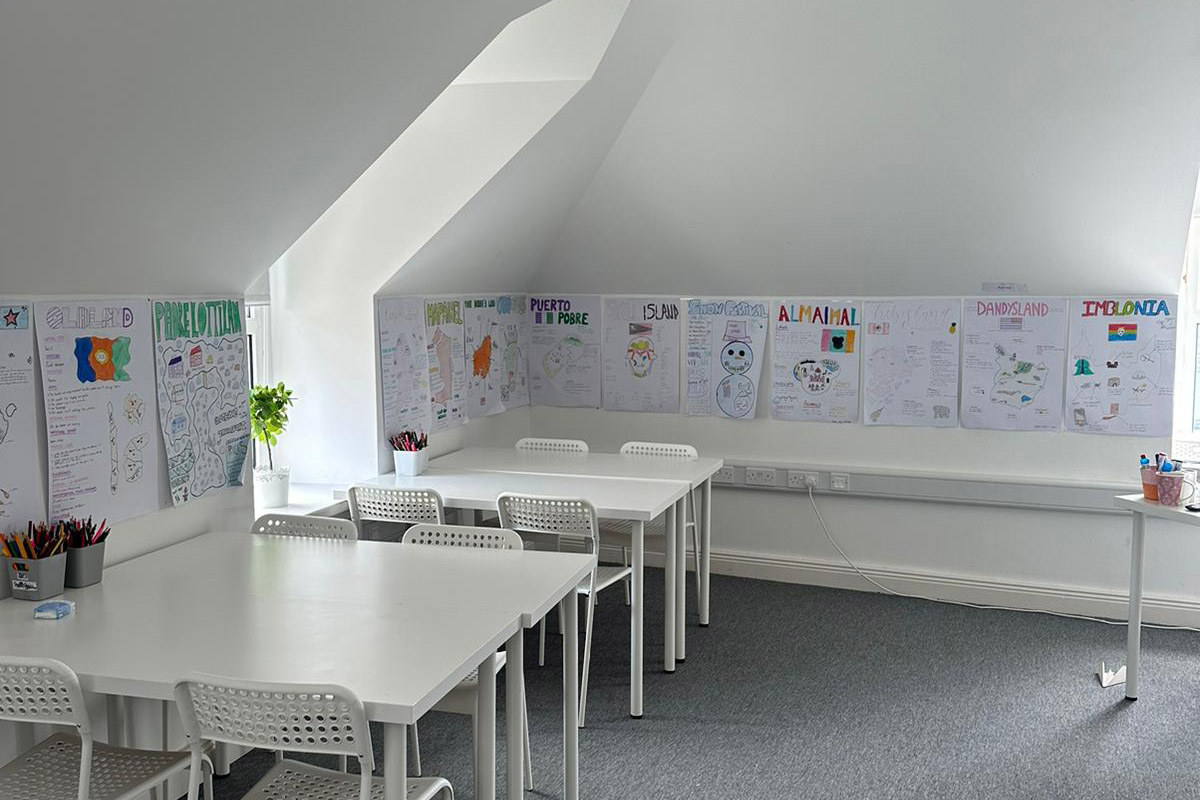 Bright English classroom for international students in Tullamore, Ireland